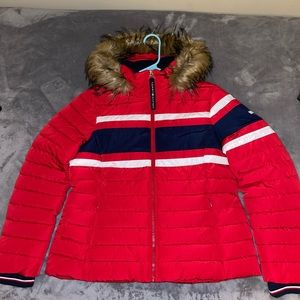 ESSENTIAL FUR COLLAR STRIPE PUFFER